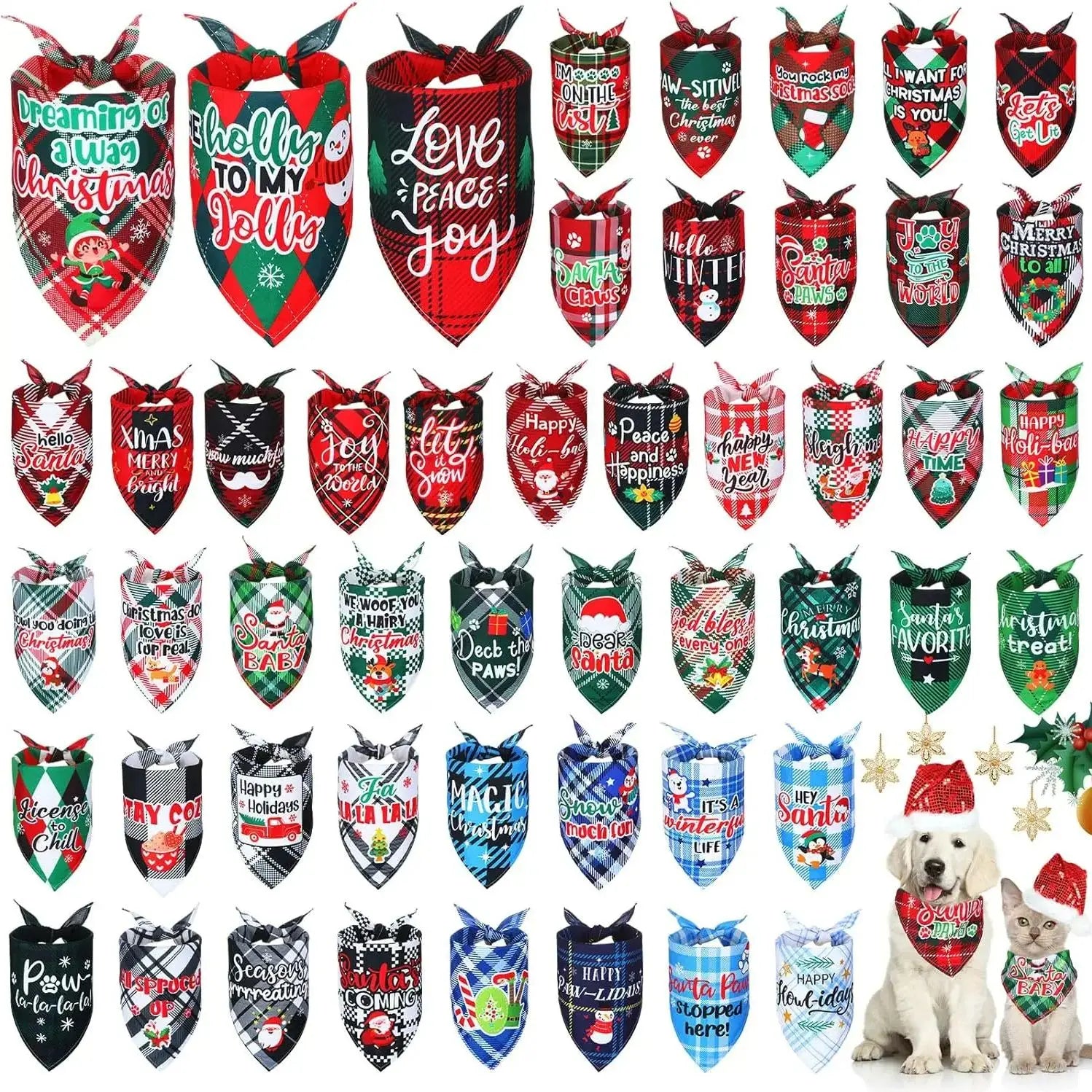 Collection of Christmas-themed dog bandanas with various designs on a white background.