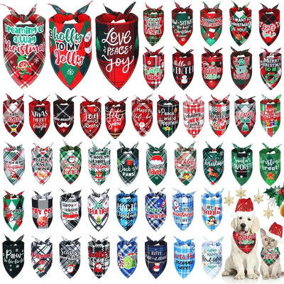 Collection of Christmas-themed dog bandanas with various designs on a white background.