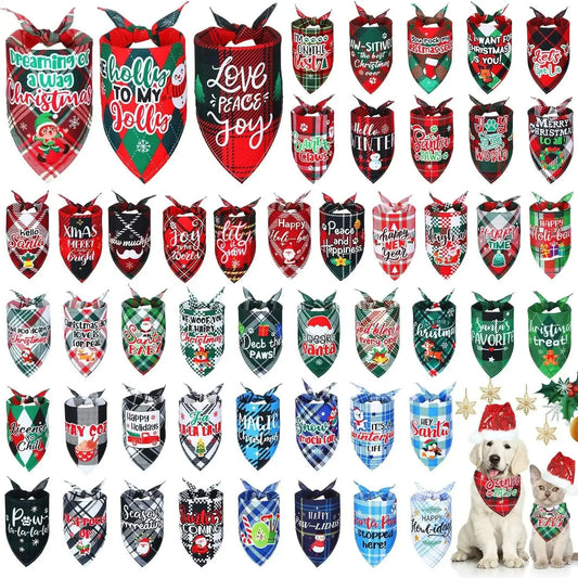 Collection of Christmas-themed dog bandanas with various designs on a white background.