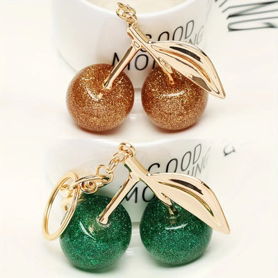 Cherry Fruit Bag Pendant Keychain Creative Women's Cherry Car Key Pendant, Green, Brown