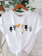 Women's Oversize Cute Cat Print Round Neck Short Sleeve Casual T-Shirt White Short Sleeve with Cat Clothing Tee Female Tops