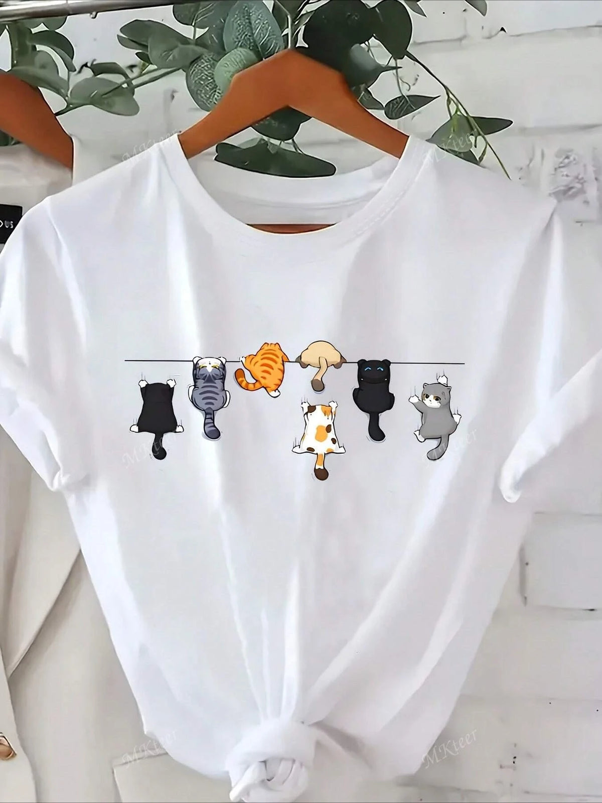 Women's Oversize Cute Cat Print Round Neck Short Sleeve Casual T-Shirt White Short Sleeve with Cat Clothing Tee Female Tops