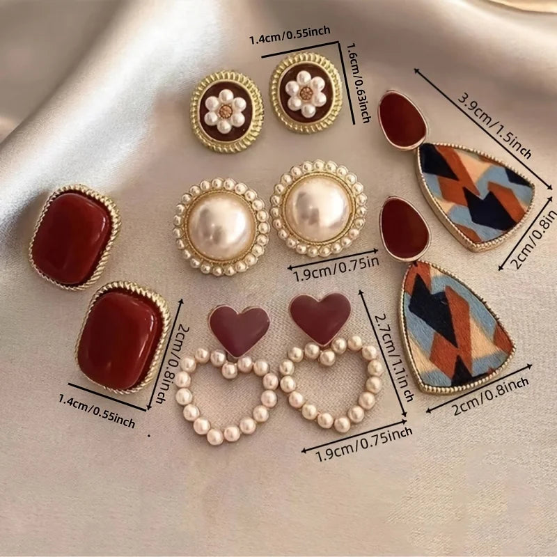 Five pairs of retro Hong Kong style Wine Red  Stud Earrings Femal temperament high-end love pearl earrings Geometric jewelry set