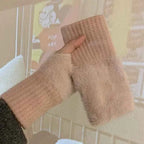 Soft Winter Half Finger Gloves Women Warm Luxury Solid White Plush Knitted Fingerless Gloves Wrist Mittens Writting