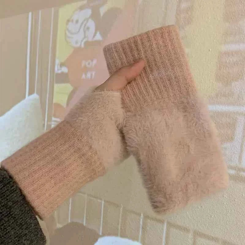 Soft Winter Half Finger Gloves Women Warm Luxury Solid White Plush Knitted Fingerless Gloves Wrist Mittens Writting