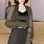 Summer Women Solid Color Hollow Out Long Sleeve Sunscreen Loose Knitted Cardigan