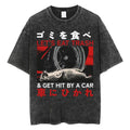 Creepy Cute Animal Graphic T-Shirts Vintage Washed Black Tees Funny Horror & Relatable Quotes Perfect for Anime Fans Streetwear