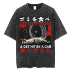 Creepy Cute Animal Graphic T-Shirts Vintage Washed Black Tees Funny Horror & Relatable Quotes Perfect for Anime Fans Streetwear