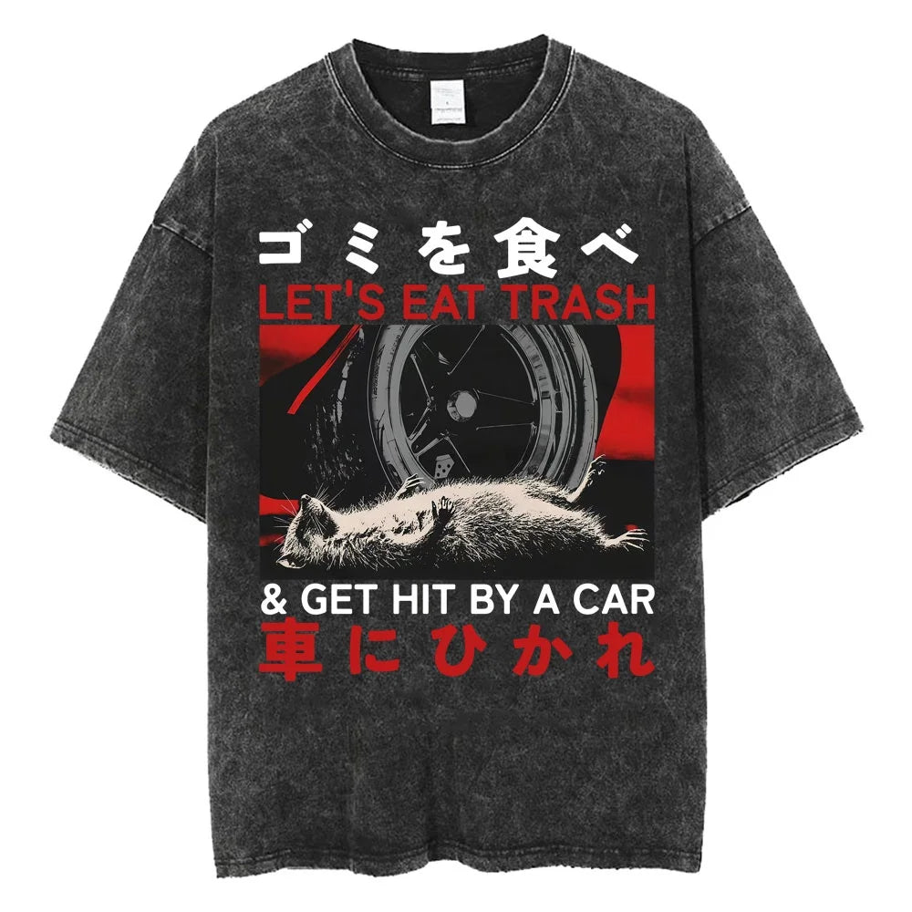 Creepy Cute Animal Graphic T-Shirts Vintage Washed Black Tees Funny Horror & Relatable Quotes Perfect for Anime Fans Streetwear