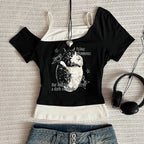 Asthetische Goth Fledermaus Brief Y2K Stil zweitelige T-Shirt Kurzarm Weste Harajuku Streetwear Hosentrger Frauen Kleidung Shirt
