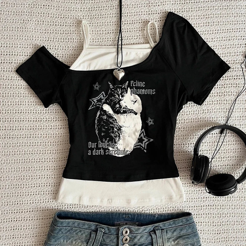 Asthetische Goth Fledermaus Brief Y2K Stil zweitelige T-Shirt Kurzarm Weste Harajuku Streetwear Hosentrger Frauen Kleidung Shirt