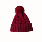 New Winter Twist Knitting Hat For Women Fur Pompom Thick Plush Cap Beanie Solid Color Ladies Warm Ski Snow Skullies Beanies