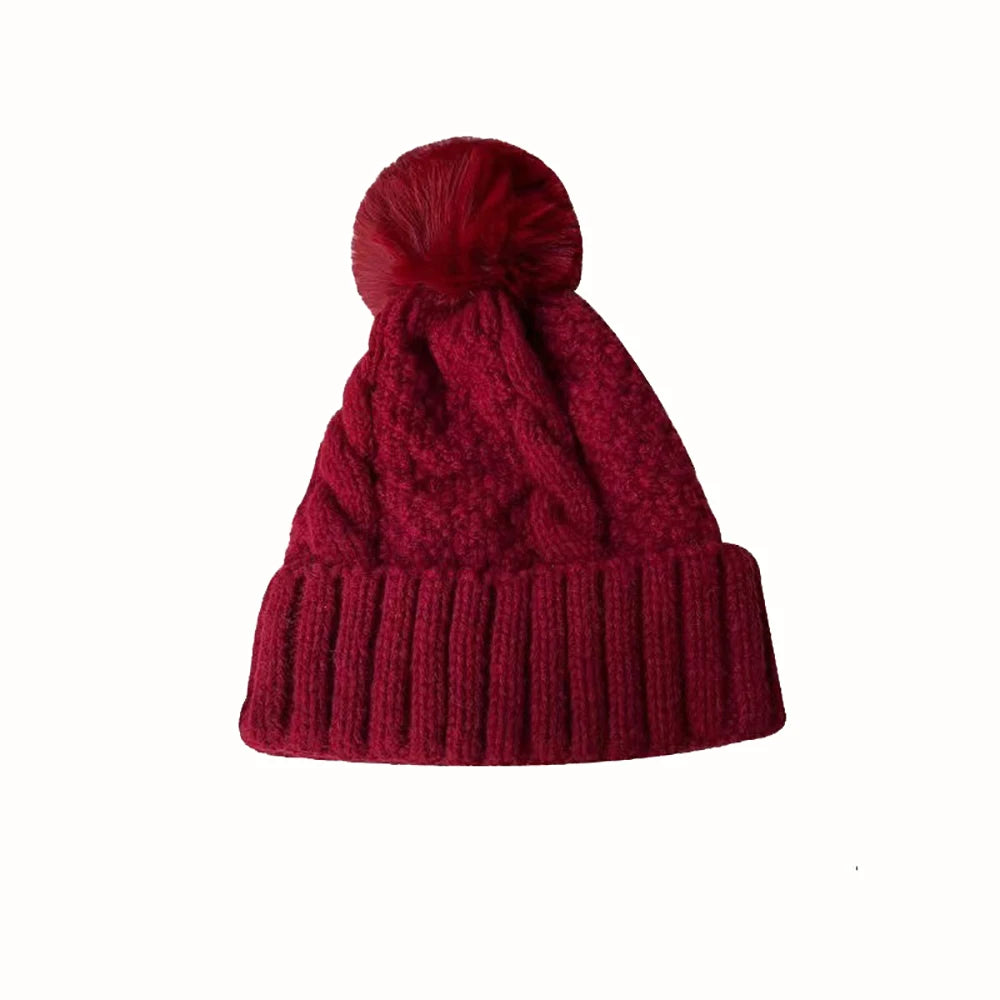 New Winter Twist Knitting Hat For Women Fur Pompom Thick Plush Cap Beanie Solid Color Ladies Warm Ski Snow Skullies Beanies