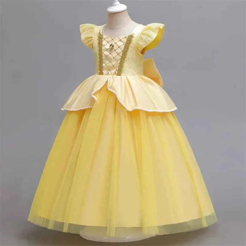 Beauty and the Beast Inspired Party Mesh Dress for Girl Elegant Fancy Princess Costume Belle Deluxe Ball Gown Kid Christmas Robe