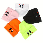 Big Eye Embroidery Elasticity Beanies Women's Cartoon Knitted Skull Caps Winter Warm Hip Hop Hats Men Crimping Melon Leather Hat