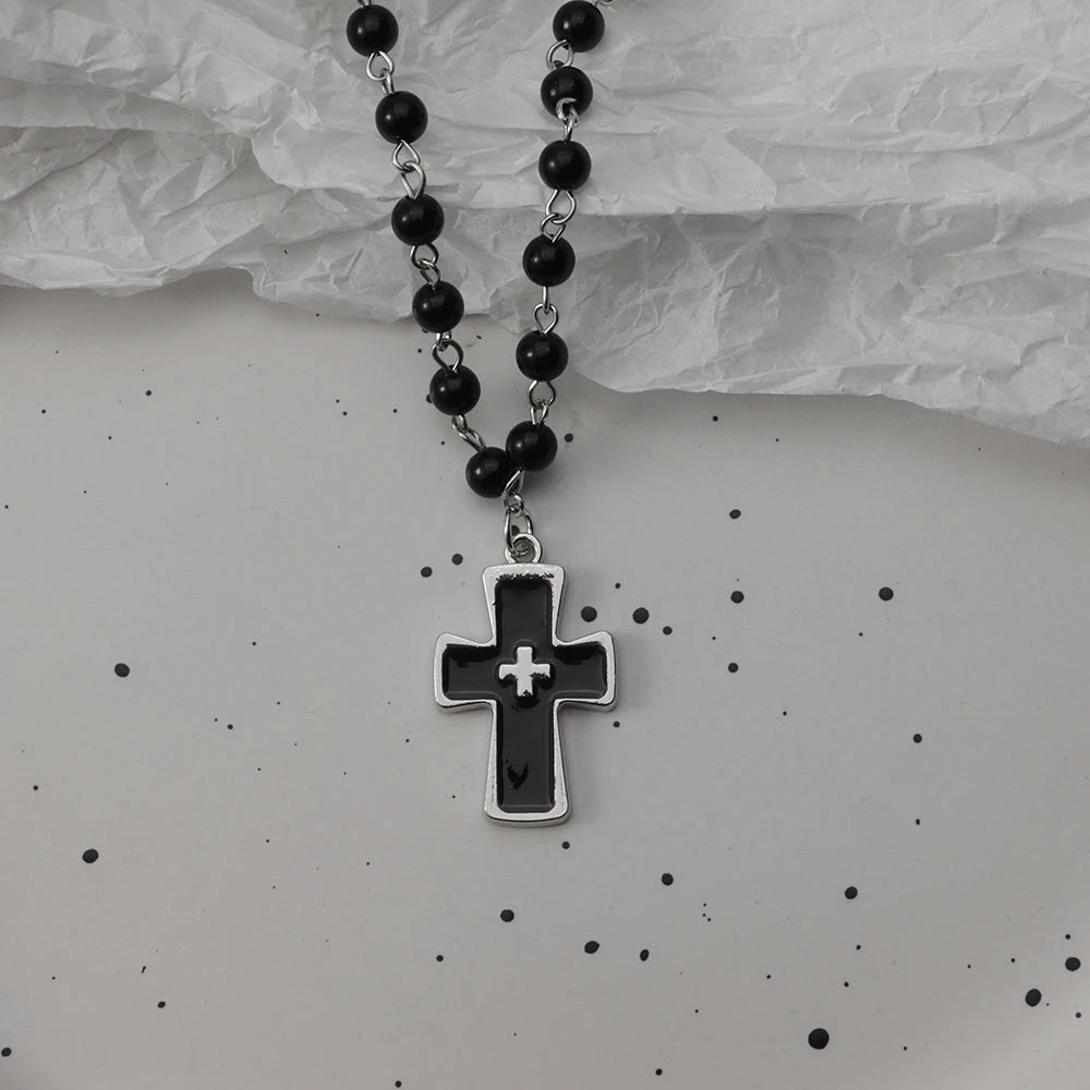 Gothic Bat Cross Dark Pendant Necklace Set, Y2K Personalized Thorn Love Black Bead Stacked Necklace Set, Suitable as Halloween G