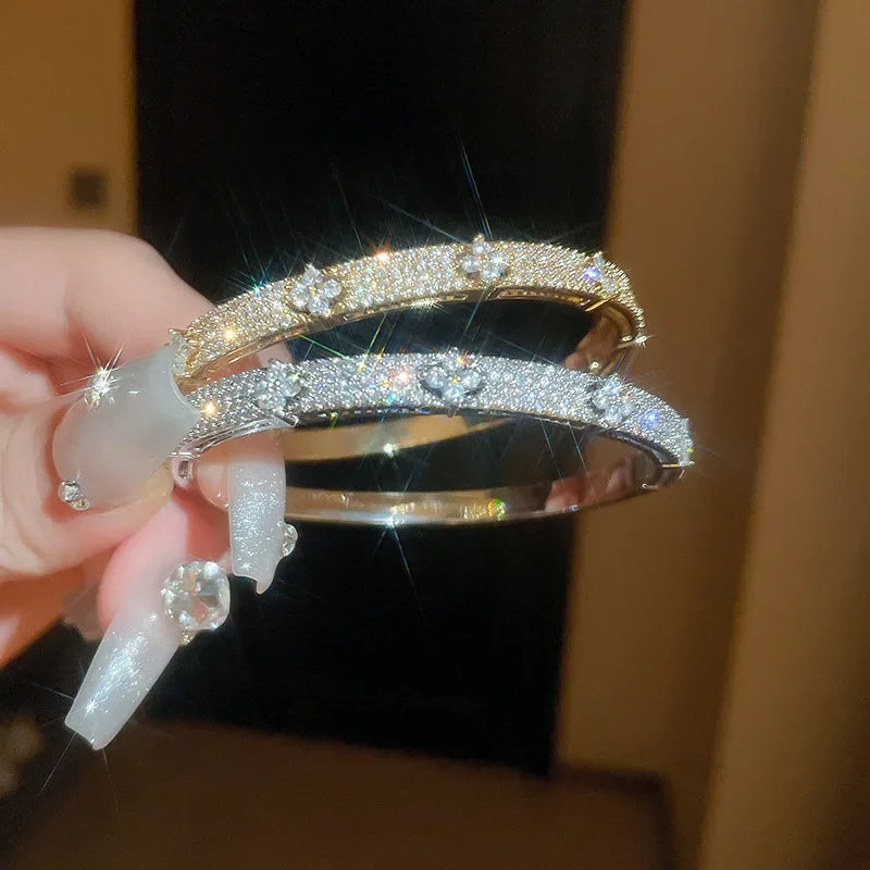 Luxury Shiny Cubic Zirconia Embellished Gold Silver Plated Fashion Bangle Bracelets for Women Party Wedding Daily Wear Jewelry