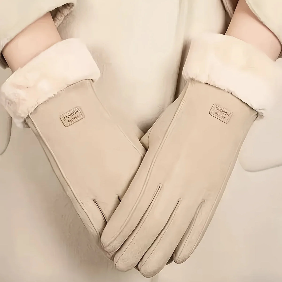 Comfortable beige touchscreen gloves with plush lining - providing thick and warm winter protection for outdoor leisure