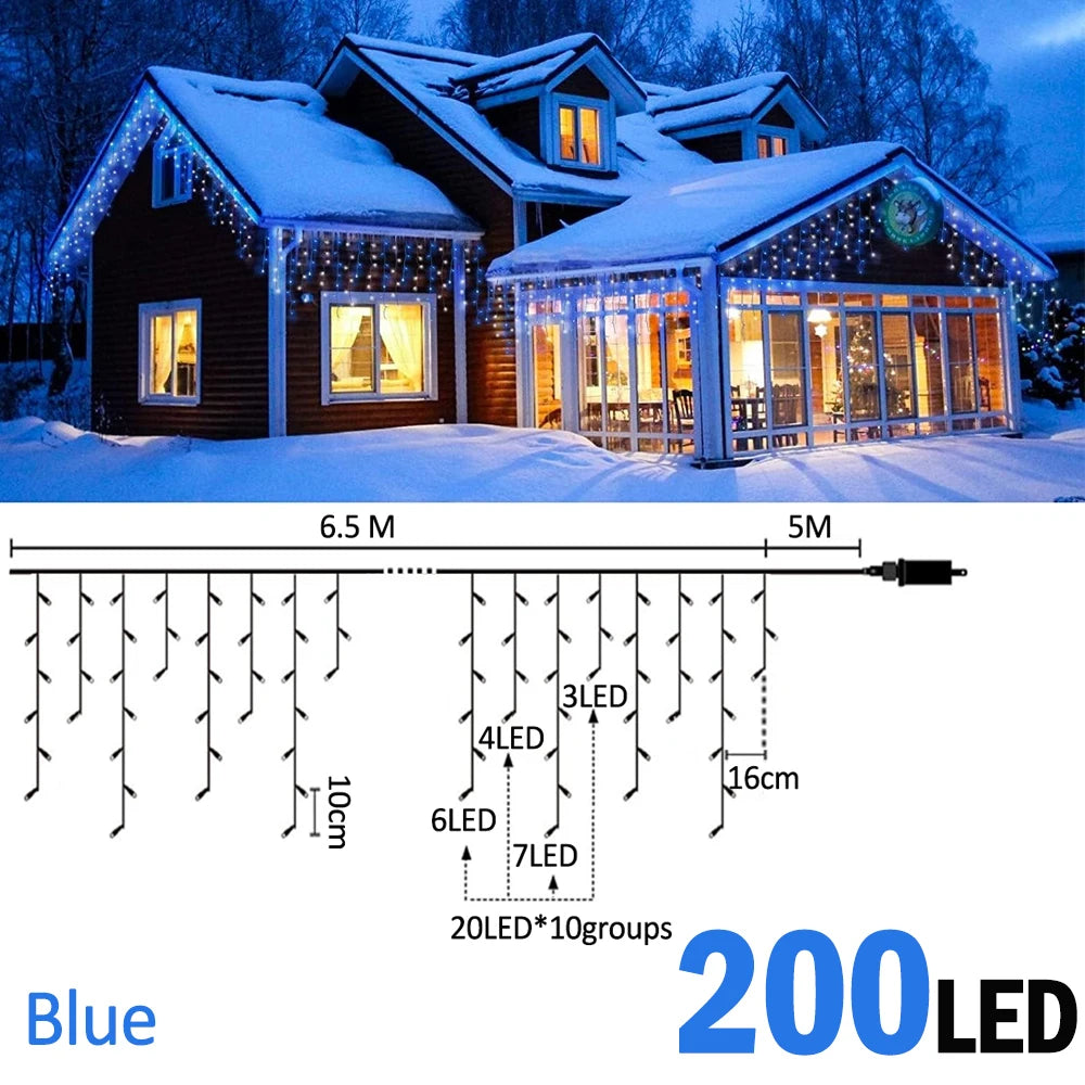 6.5200LED/20M480LED Icicle String Lights Christmas 40Drops 8 Modes, Plug in Curtain Waterproof for Holiday Wedding Party Garden