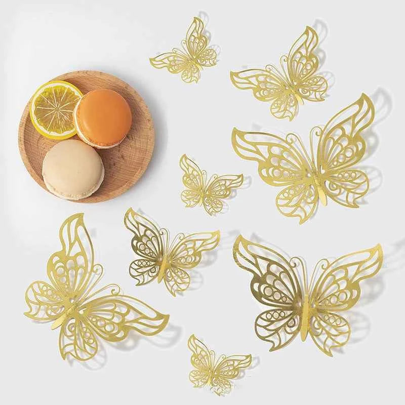 48pcs 3D Butterfly Wall Decor 4 Styles 3 Sizes, Gold Butterfly Decorations for Butterfly Birthday Party Cake Room Decorations