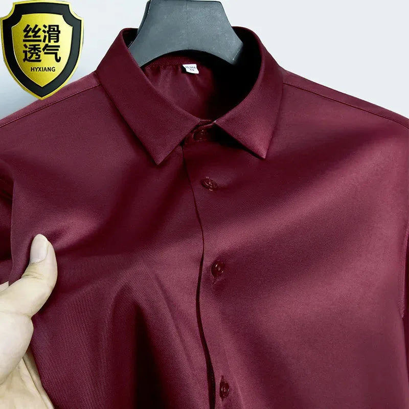 Summer shirt, men's white glossy non ironing shirt, men's wrinkle resistant ice silk casual high-end seamless business shirt