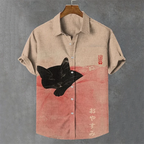 Colorful Men's Linen Summer Short Sleeve Shirt Fashion, Short Sleeve Top 3D Cat Printed Pattern Men's Clothing,
