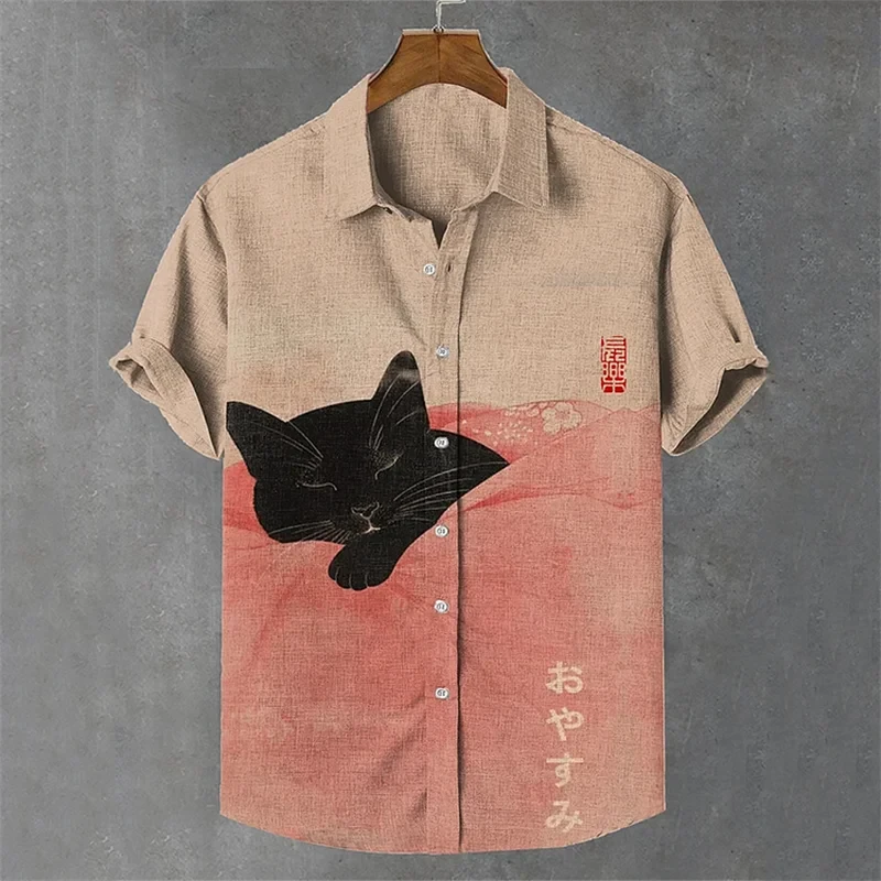 Colorful Men's Linen Summer Short Sleeve Shirt Fashion, Short Sleeve Top 3D Cat Printed Pattern Men's Clothing,