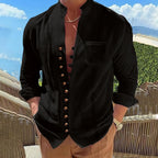 2025 Men's new cotton and linen pocket retro stand-up collar long-sleeved shirt Casual multi-button solid color striped cardigan