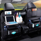 Car Seat Back Organizer with Foldable Table Tray – PU Leather Storage with Multiple Pockets & Kick Mats, Car Interior Accessories