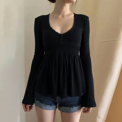 Women Solid Lace Trim Patchwork Button Flared Sleeves Shirt Casual V Neck Knit Top Y2k Aesthetic Fall Clothes Fairycore