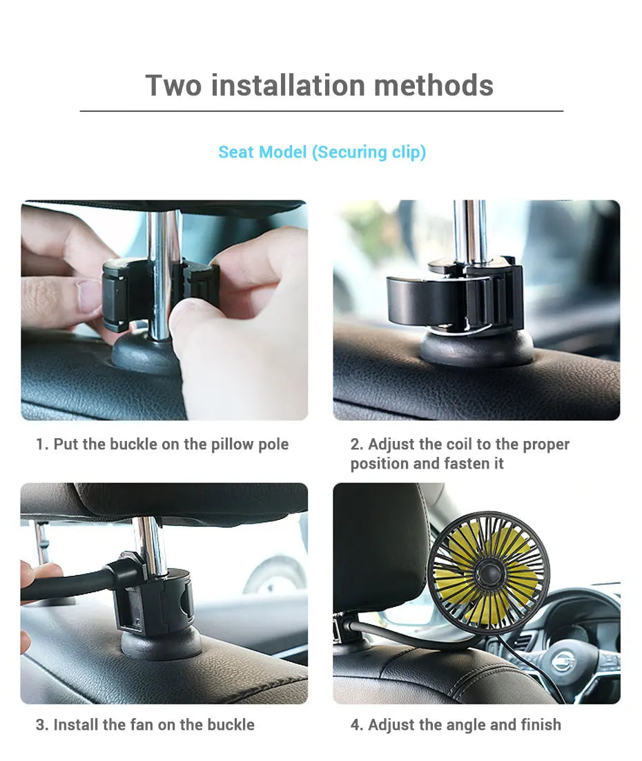 SEAMETAL Car Electric Fan Strong Wind 3-Speed Cooling Fan for Rear Seat Passenger Portable 360 Degree Rotatable Car Air Fan