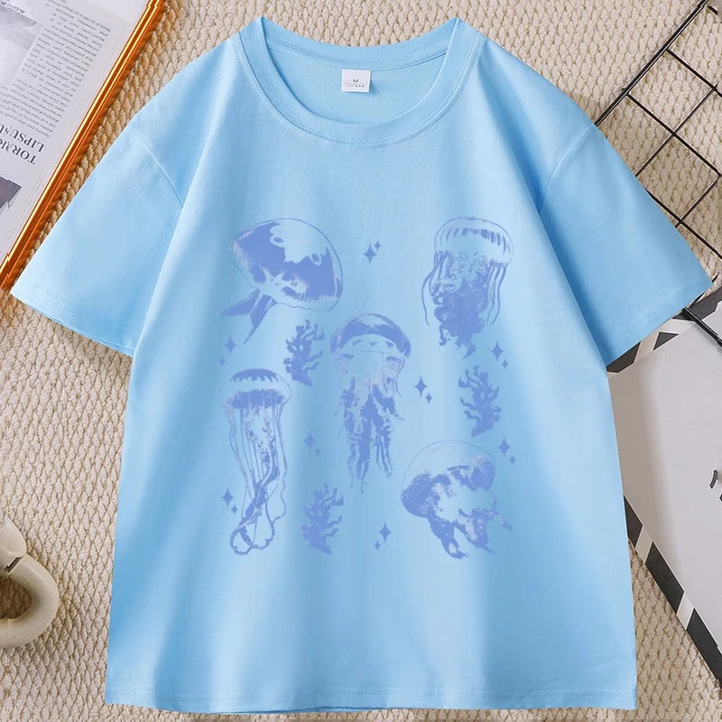 Vintage Jellyfish T-Shirt Summer Ocean Tee Sea Creature Top Beach Lover Gift Men Women Casual Round Neck Printed T Shirt
