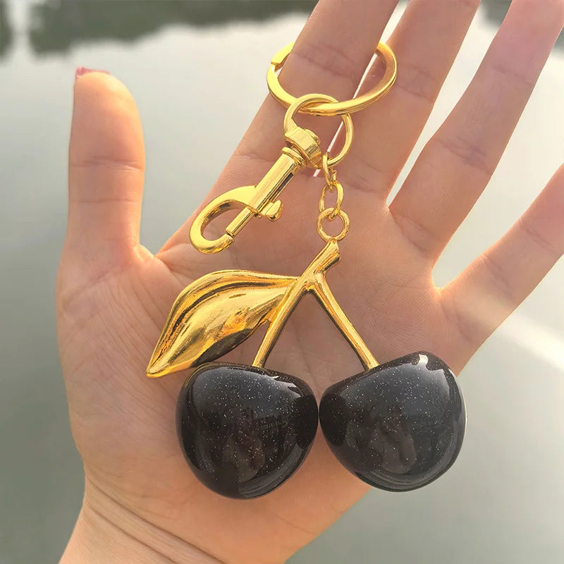 Fashion Delicate Red Cherry Charm Keychain 3 Color Gold Silver Keyring Elegant Women's Backpack Purse Charm Earrings Jewelry