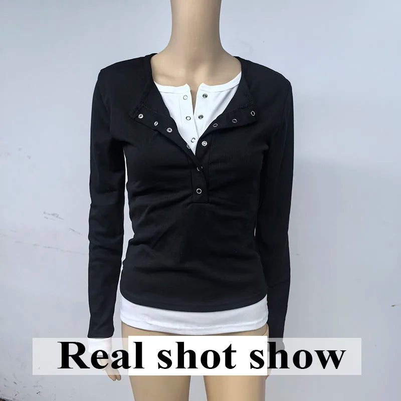 2026 Spring New Long Sleeve T-Shirt for Women Sexy Hot Girl Retro Fake Two-Piece Y2K Tops Korean Patchwork Contrast T Shirts