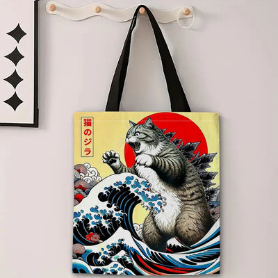 Catzilla Japanese Art Tote Bag Reusable Shoulder Shopping Beach Bag For Women, Durable Casual Carryall