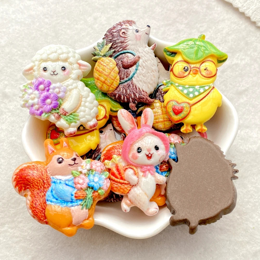 10PCS Mixed Resin Cartoon rabbits, hedgehogs squirrels Flat back Cabochon Stone Scrapbook DIY Decor Figurines Crafts Accessories