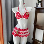 Women Y2k Sweet Bikini Set Japanese Kawaii Print Ruffles Lolita Swimsuit Crop Top + Skirt Two Piece Swimwear Beach Wear