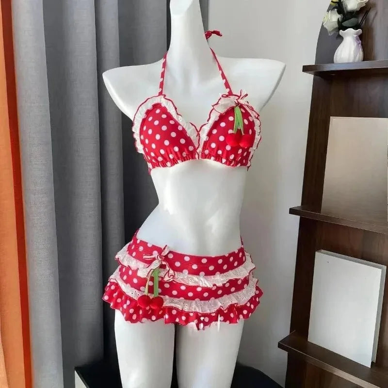 Women Y2k Sweet Bikini Set Japanese Kawaii Print Ruffles Lolita Swimsuit Crop Top + Skirt Two Piece Swimwear Beach Wear