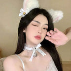 Plush Lace Cat Ears Bell Headband for Women Korean Style Elegant Fashion Girl Hair band Party Cosplay
