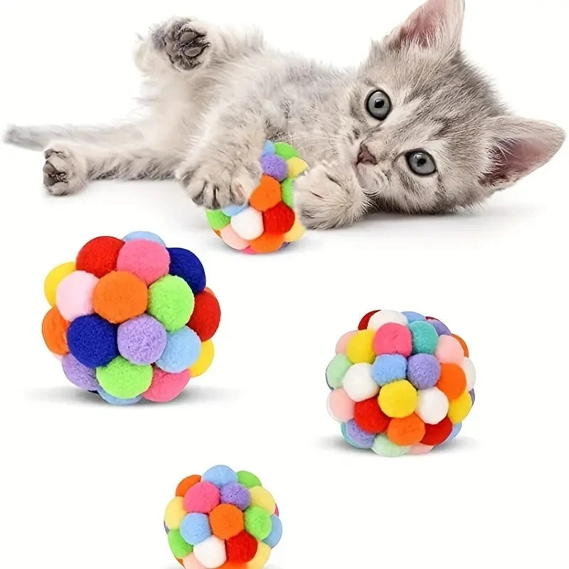 Cat Plush Ball Toy Elastic Bell Ball Self Ball Playing Cat Colorful Woolen Ball - WTN Essentials 