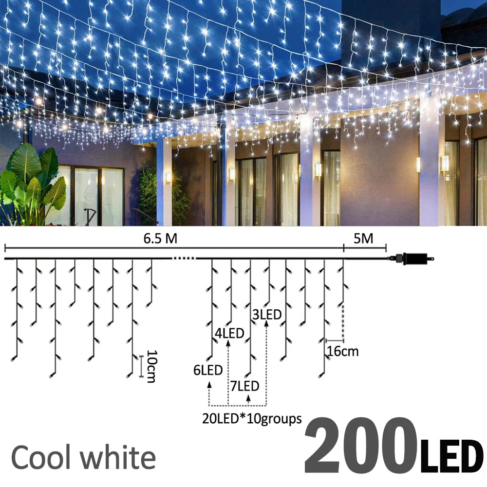 6.5200LED/20M480LED Icicle String Lights Christmas 40Drops 8 Modes, Plug in Curtain Waterproof for Holiday Wedding Party Garden