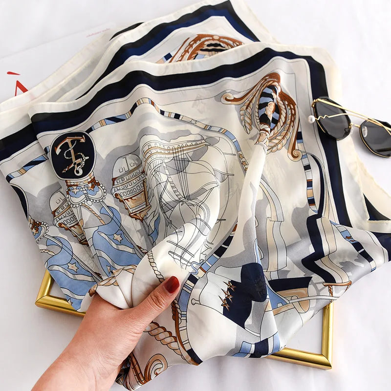 90*90cm Women Square Silk Scarf Luxury Brand Large Shawl Neckerchief Print Headband Female Foulard Bandana Wraps Hijab Scarves