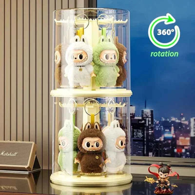 Labubu Transparent Rotating Toy Organizer Display Case-Storage Rack for Plush Dolls, Action Figures, Keychains, Blind Boxes