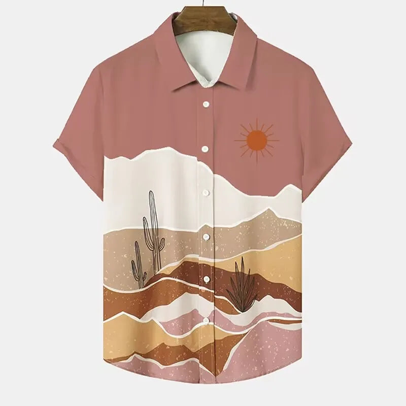 Fashion Men's Cactus Desert Printed Shirts Casual Hawaiian Beach Resort Shirt Summer Natural Landscape Vintage Printed Shirts