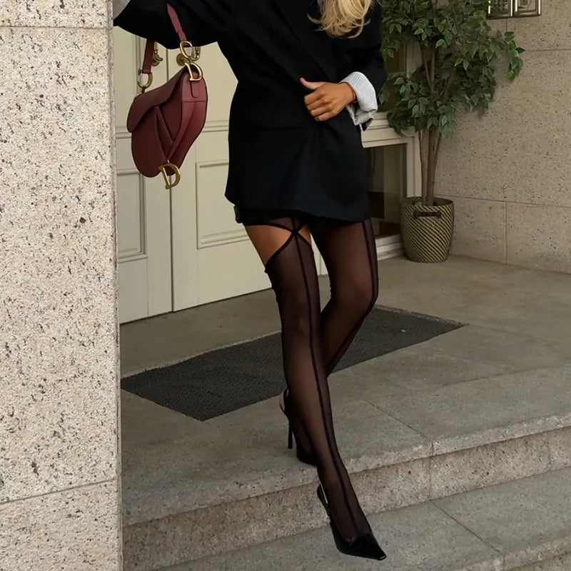 Sexy Black Line Tights Women Sheer Mesh Hollow Out Pantyhose 2025 Autumn New Streetwear Stocking