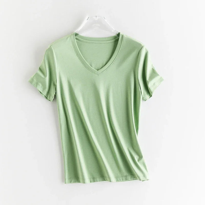 High-end New 10% Silk & Mercerized Cotton Women T-shirt Luxury Tee Short Sleeve Silky Feeling Summer Wear 2025 Tops V / O-neck