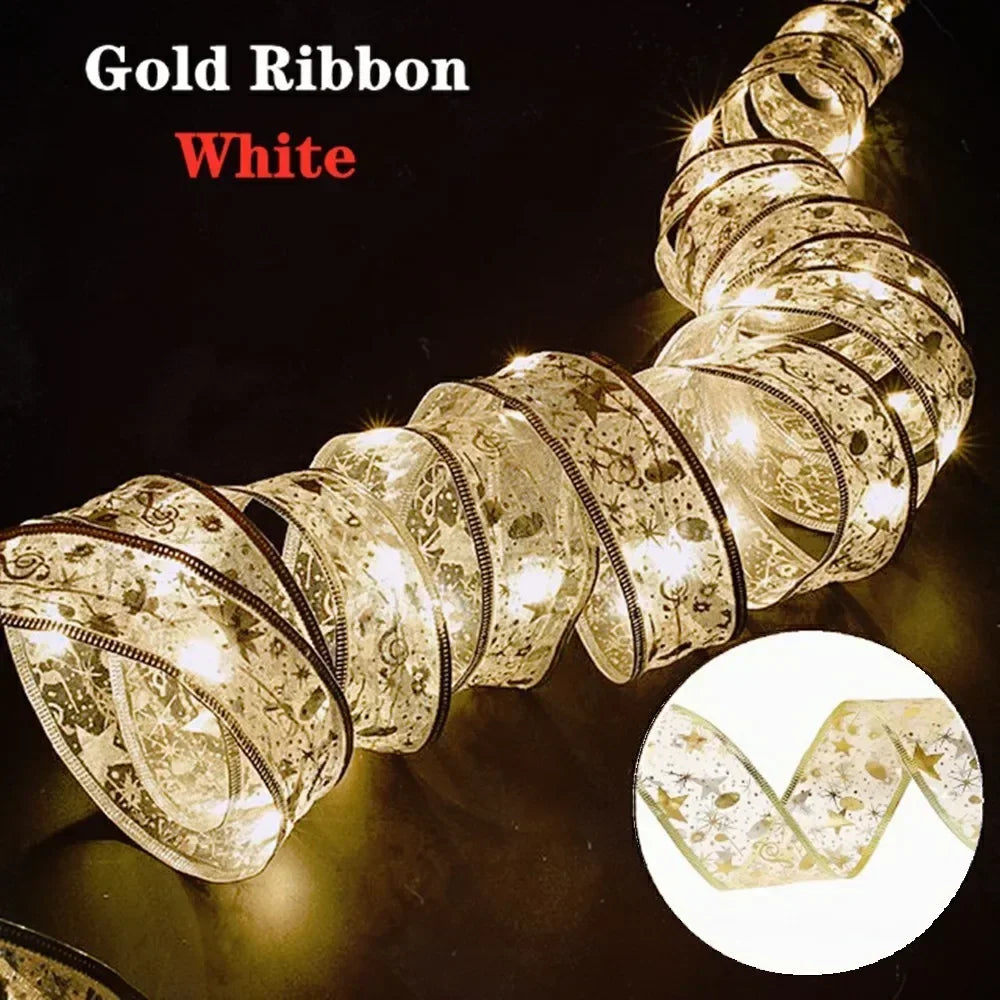 1/2/5/10M Christmas Tree Ribbon Fairy Lights, Indoor DIY Bows String Light Battery Powered for Christmas Tree New Year Decor