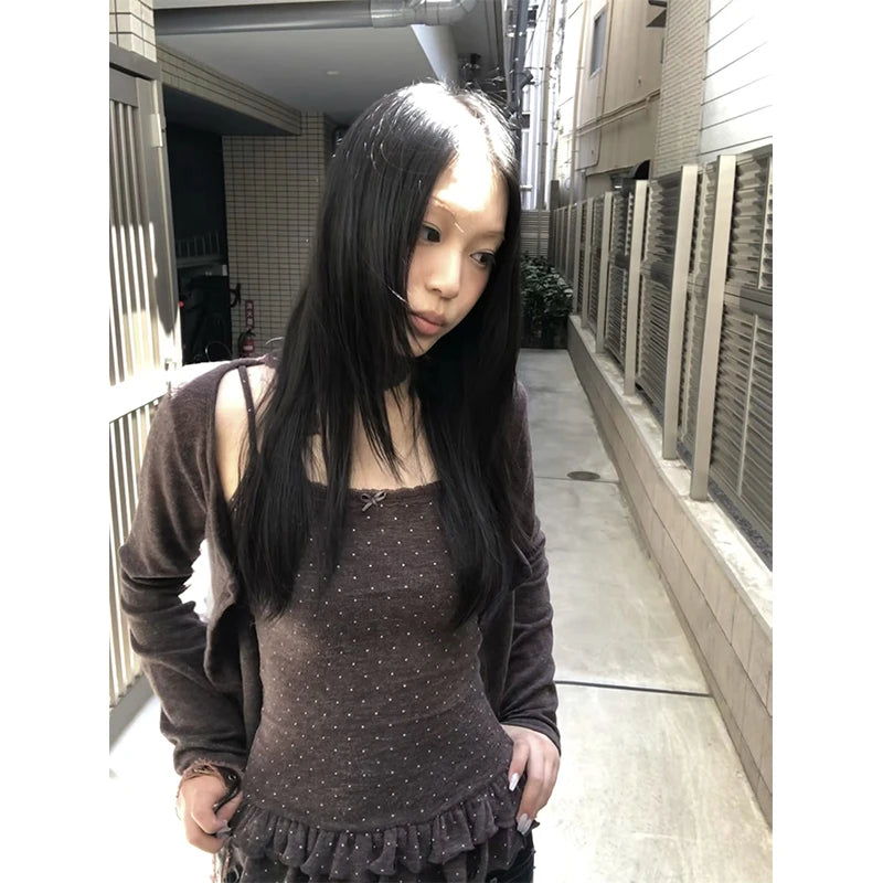 Karrram Japanese Y2k Knitted Tops Two Piece Set Vintage Harajuku Button Knit T-shirt Sets Korean 2000s Style Knitwear American
