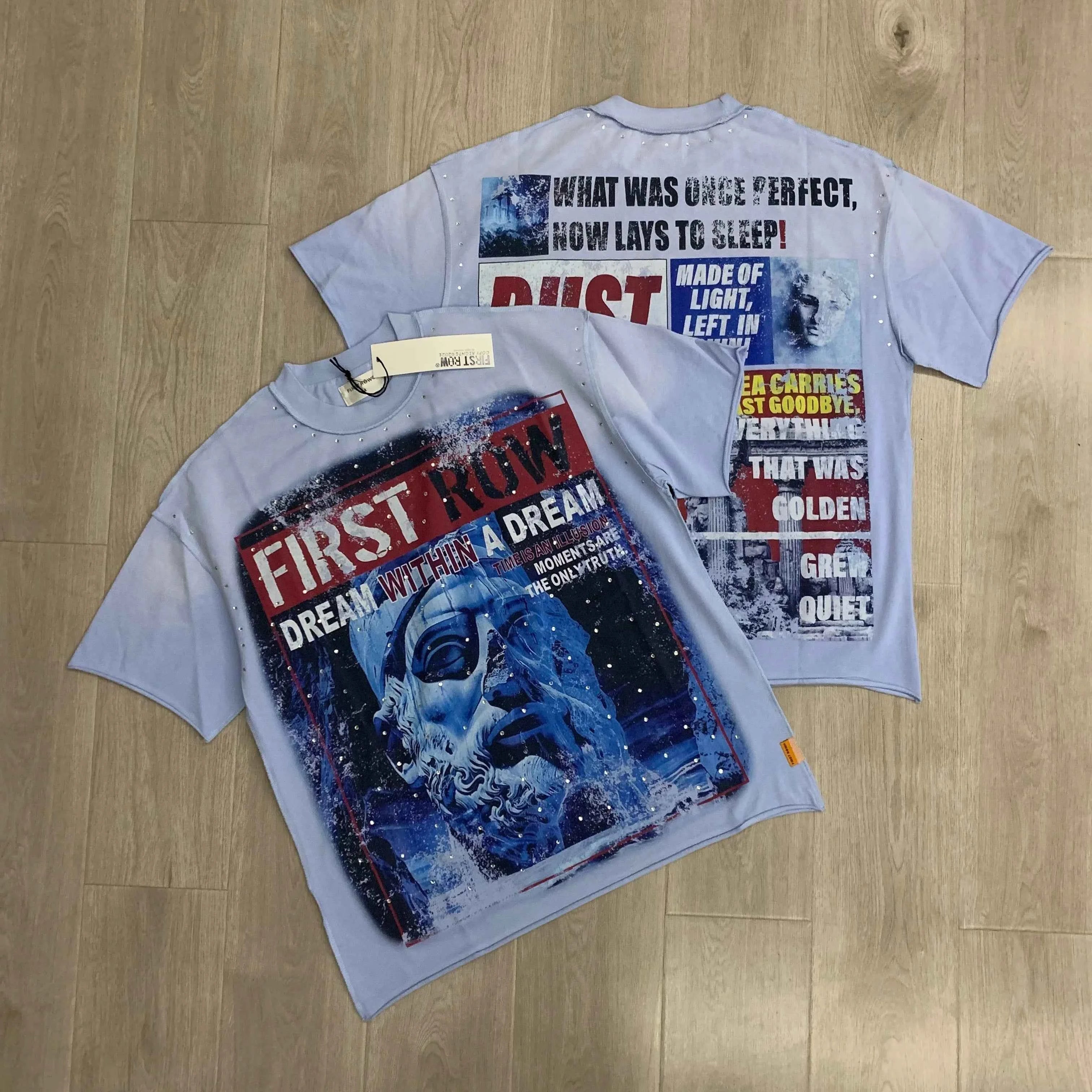 Streetwear Vintage Washed Diamond Cropped Tee for Men Crew Neck Short Sleeve Loose Cotton Rhineston Tshirts Oversized