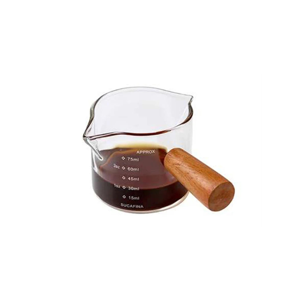 1pc Glass Measuring Cup Wood Handle Glass Espresso Measuring Cup Double Single Mouth Milk Coffee Clear Mug Coffee Supplies